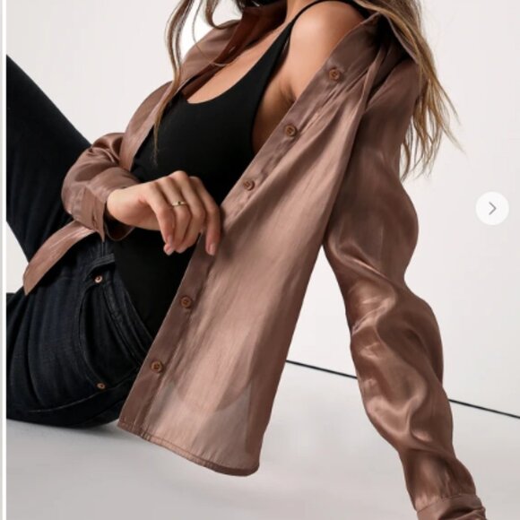 Lulus Chic Appearance Shiny Bronze Button-Up Top – Size Large - Picture 2 of 11